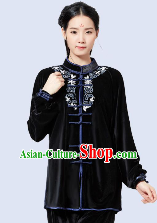 China Wushu Garment Costumes Tai Chi Sword Clothing Kung Fu Embroidered Black Pleuche Uniforms Martial Arts Competition Outfits