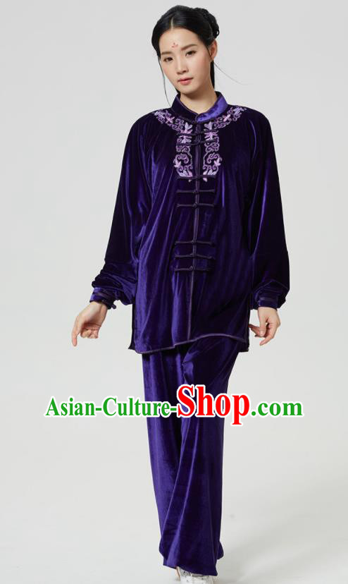 China Kung Fu Embroidered Purple Pleuche Uniforms Martial Arts Competition Outfits Wushu Garment Costumes Tai Chi Sword Clothing