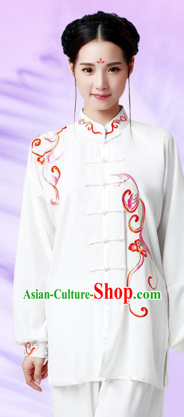 China Kung Fu Clothing Martial Arts Embroidered White Outfits Wushu Performance Costumes Tai Chi Training Uniforms