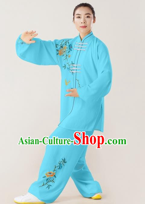 Professional Chinese Tai Chi Training Embroidered Peony Suits Martial Arts Competition Clothing Kung Fu Performance Blue Uniforms