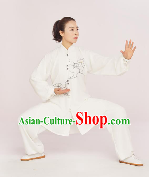 Professional Chinese Martial Arts Kung Fu Training Clothing Wushu Performance Embroidered Lotus Uniforms Tai Chi Competition White Suits