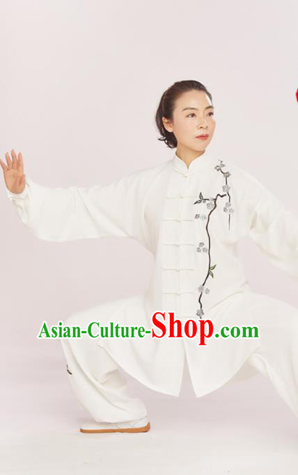 Professional Chinese Tai Chi Competition White Suits Martial Arts Kung Fu Training Clothing Wushu Performance Embroidered Plum Blossom Uniforms