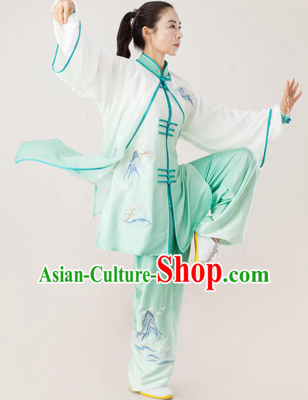 Professional Chinese Wushu Performance Embroidered Light Green Uniforms Tai Chi Competition Three Pieces Suits Martial Arts Clothing Kung Fu Costumes