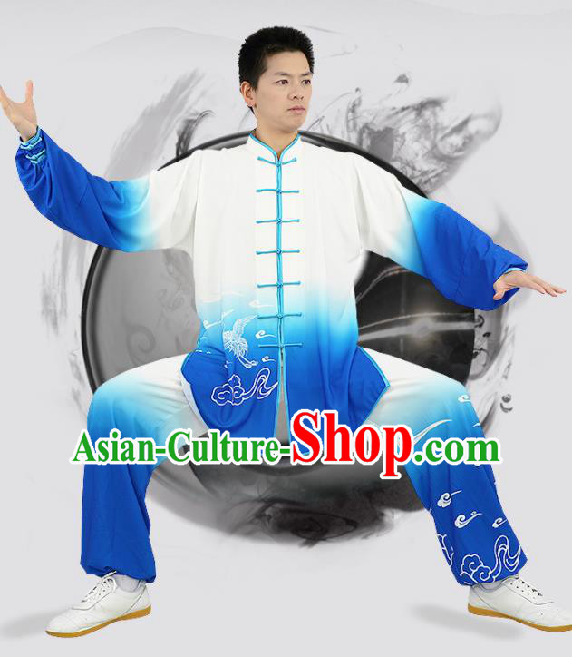 Chinese Martial Arts Garment Costumes Tai Chi Competition Gradient Blue Uniforms Adults Kung Fu Show Clothing
