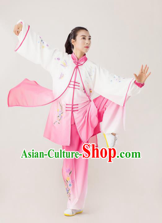 Professional Chinese Kung Fu Costumes Wushu Performance Embroidered Pink Uniforms Tai Chi Competition Three Pieces Suits Martial Arts Clothing