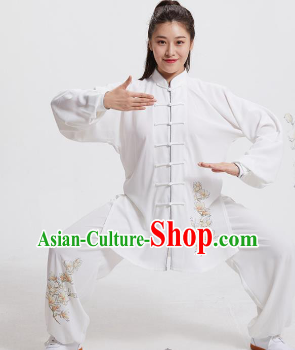 Chinese Martial Arts Garment Costumes Tai Chi Training Printing Mangnolia White Uniforms Adults Kung Fu Performance Clothing