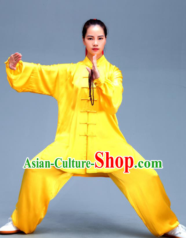 Professional Chinese Martial Arts Yellow Silk Outfits Tai Chi Performance Costumes Kung Fu Wushu Uniforms Tai Ji Competition Clothing