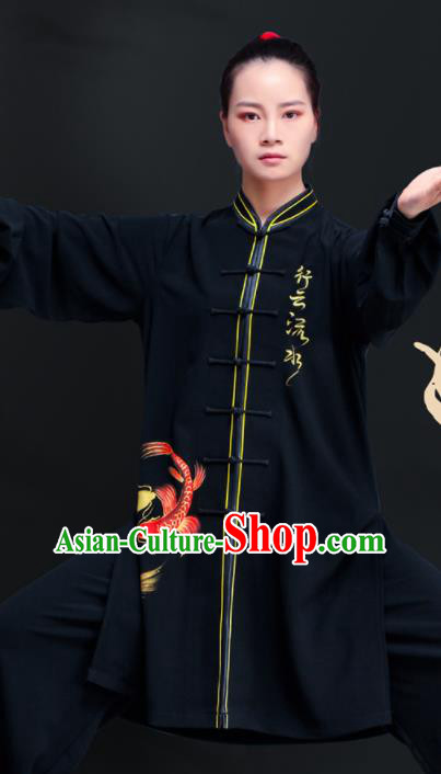 Professional Chinese Tai Ji Printing Fish Black Outfits Tai Chi Training Uniforms Kung Fu Costumes Martial Arts Performance Clothing