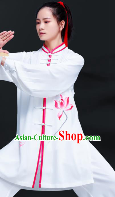 Professional Chinese Martial Arts Performance Clothing Tai Ji Printing Lotus White Outfits Tai Chi Training Uniforms Kung Fu Costumes