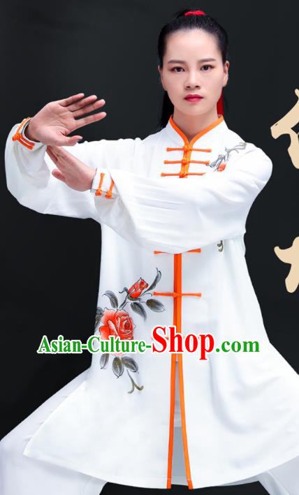 Chinese Kung Fu Hand Painting Rose White Outfits Martial Arts Competition Clothing Tai Ji Performance Costumes Tai Chi Training Uniforms