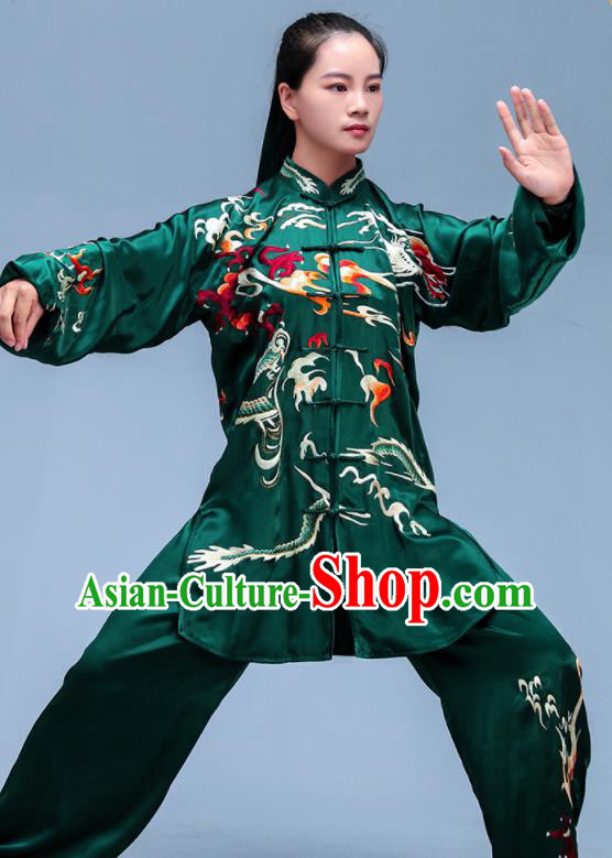 Chinese Tai Ji Competition Costumes Tai Chi Training Uniforms Kung Fu Deep Green Silk Outfits Martial Arts Embroidered Clothing