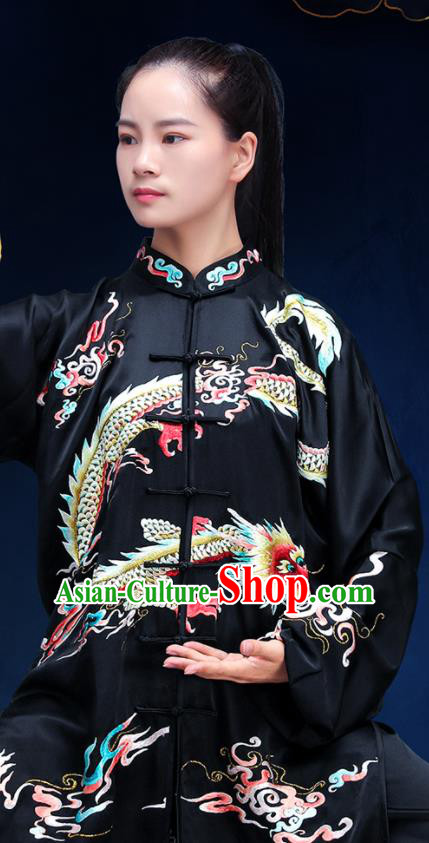 Chinese Kung Fu Training Black Silk Outfits Martial Arts Embroidered Dragon Clothing Tai Ji Competition Costumes Tai Chi Uniforms