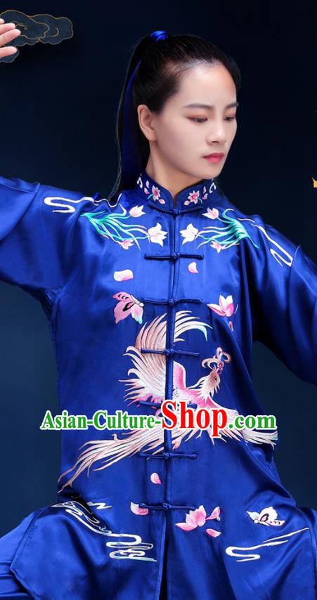 Chinese Tai Chi Uniforms Kung Fu Training Royalblue Silk Outfits Martial Arts Embroidered Phoenix Clothing Tai Ji Competition Costumes
