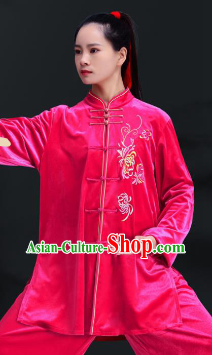 Professional Chinese Tai Chi Training Rosy Pleuche Uniforms Kung Fu Outfits Martial Arts Clothing Tai Ji Performance Costumes