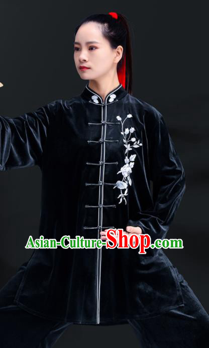 Professional Chinese Tai Ji Performance Costumes Tai Chi Training Black Pleuche Uniforms Kung Fu Outfits Martial Arts Clothing