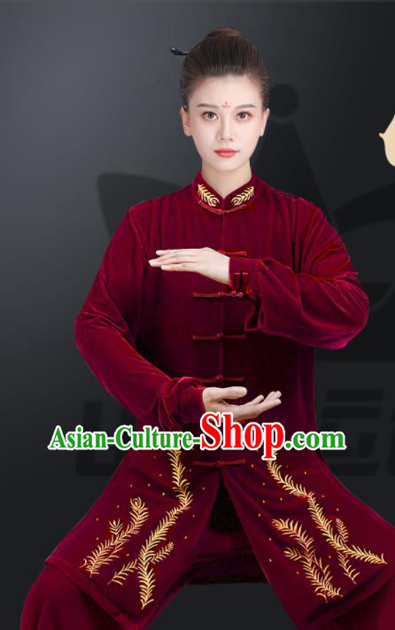 Chinese Martial Arts Clothing Kung Fu Costumes Tai Chi Training Uniforms Wushu Competition Wine Red Pleuche Outfits