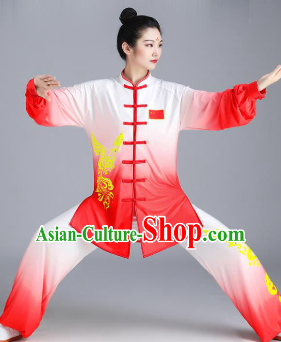 Chinese Tai Chi Training Gradient Red Uniforms Wushu Competition Printing Phoenix Outfits Martial Arts Clothing Kung Fu Costumes