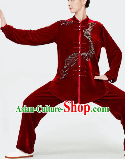 Chinese Martial Arts Clothing Kung Fu Garment Costumes Tai Chi Training Uniforms Wushu Competition Red Pleuche Outfits