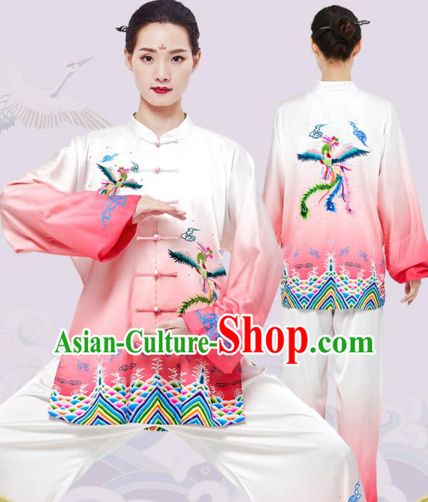 Chinese Tai Chi Printing Phoenix Pink Uniforms Wushu Competition Outfits Martial Arts Kung Fu Clothing Tai Ji Sword Garment Costumes