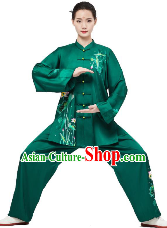 Chinese Martial Arts Kung Fu Clothing Tai Ji Sword Garment Costumes Tai Chi Printing Lotus Green Uniforms Wushu Competition Outfits