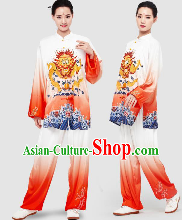 Chinese Tai Chi Printing Dragon Red Uniforms Wushu Competition Outfits Martial Arts Kung Fu Clothing Tai Ji Sword Garment Costumes