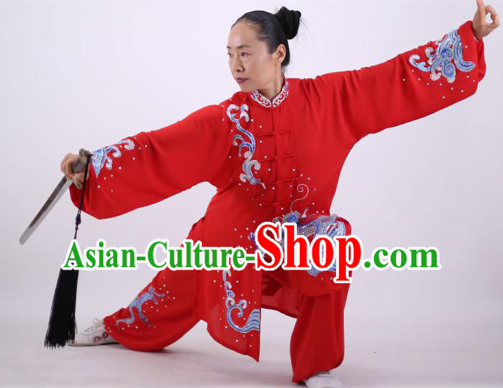 China Wushu Group Competition Clothing Martial Arts Outfits Kung Fu Tai Ji Costumes Tai Chi Performance Red Uniforms