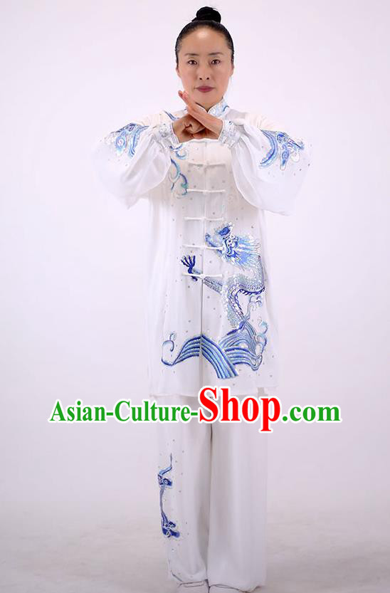 China Tai Chi Performance White Uniforms Wushu Group Competition Clothing Martial Arts Embroidered Sequins Dragon Outfits Kung Fu Tai Ji Costumes