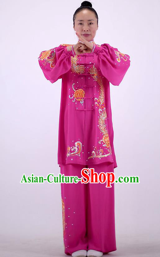 China Martial Arts Embroidered Rosy Outfits Kung Fu Performance Costumes Tai Chi Uniforms Wushu Group Competition Clothing