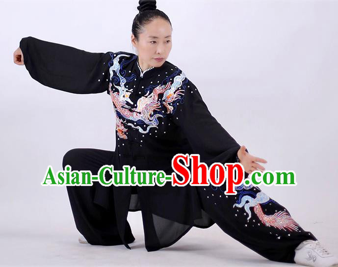 China Martial Arts Embroidered Dragon Outfits Kung Fu Costumes Tai Chi Performance Black Uniforms Wushu Group Competition Clothing