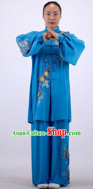 China Tai Chi Performance Blue Uniforms Wushu Competition Clothing Martial Arts Group Outfits Kung Fu Embroidered Costumes