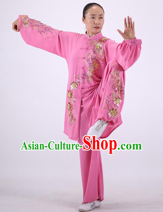 China Wushu Group Competition Clothing Martial Arts Outfits Kung Fu Embroidered Costumes Tai Chi Pink Uniforms