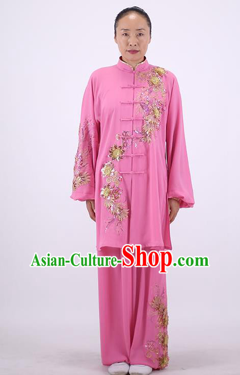 China Wushu Group Competition Clothing Martial Arts Outfits Kung Fu Embroidered Costumes Tai Chi Pink Uniforms