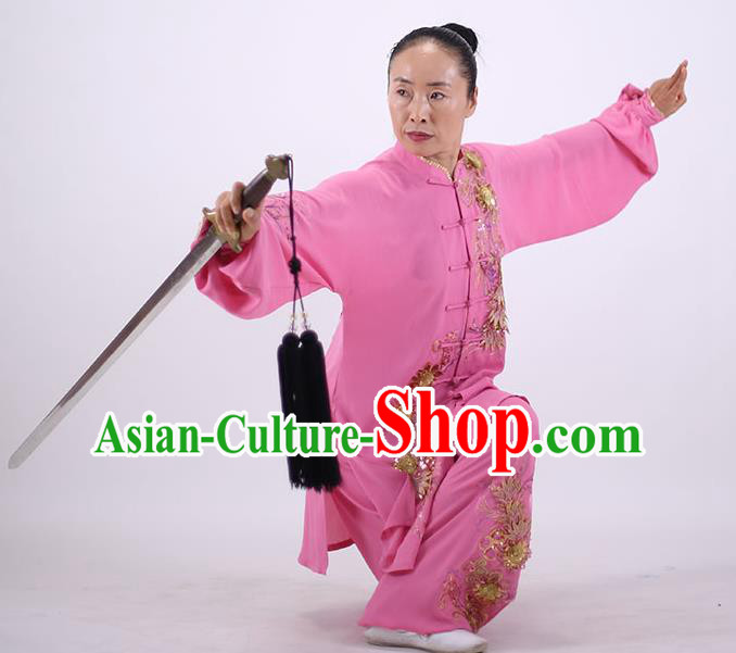 China Wushu Group Competition Clothing Martial Arts Outfits Kung Fu Embroidered Costumes Tai Chi Pink Uniforms