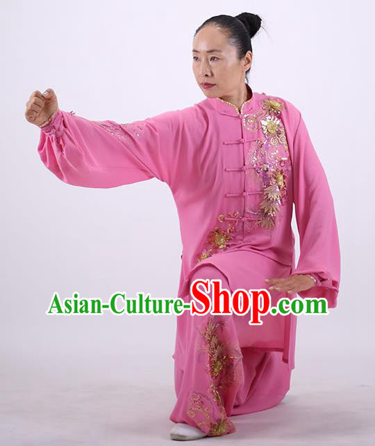 China Wushu Group Competition Clothing Martial Arts Outfits Kung Fu Embroidered Costumes Tai Chi Pink Uniforms