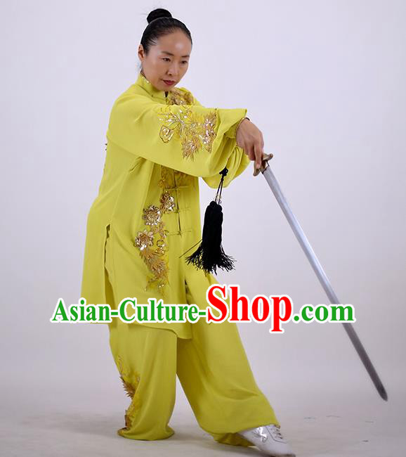 China Kung Fu Embroidered Costumes Tai Chi Yellow Uniforms Wushu Group Competition Clothing Martial Arts Outfits