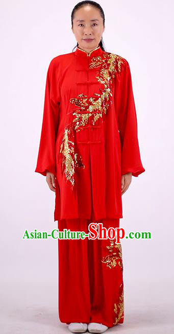 China Kung Fu Embroidered Phoenix Costumes Tai Chi Chuan Red Uniforms Martial Arts Group Competition Clothing Wushu Show Outfits