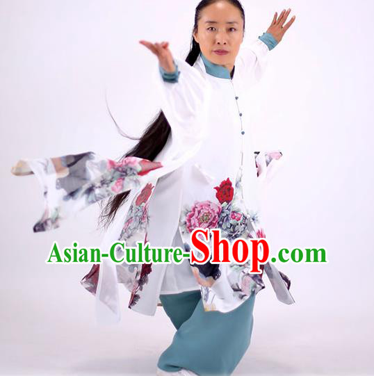 China Kung Fu Painting Peony Costumes Tai Chi Performance White Uniforms Martial Arts Clothing Tai Ji Wushu Competition Outfits