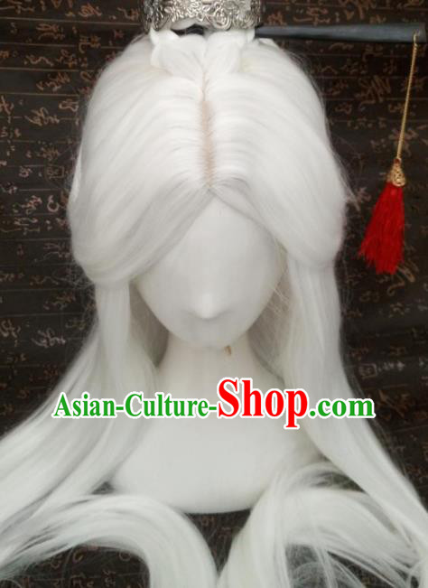 Handmade Chinese Cosplay Taoist Priest White Wigs Ancient Swordsman Headwear Drama Su Huanzhen Chignon and Lotus Crown Headdress