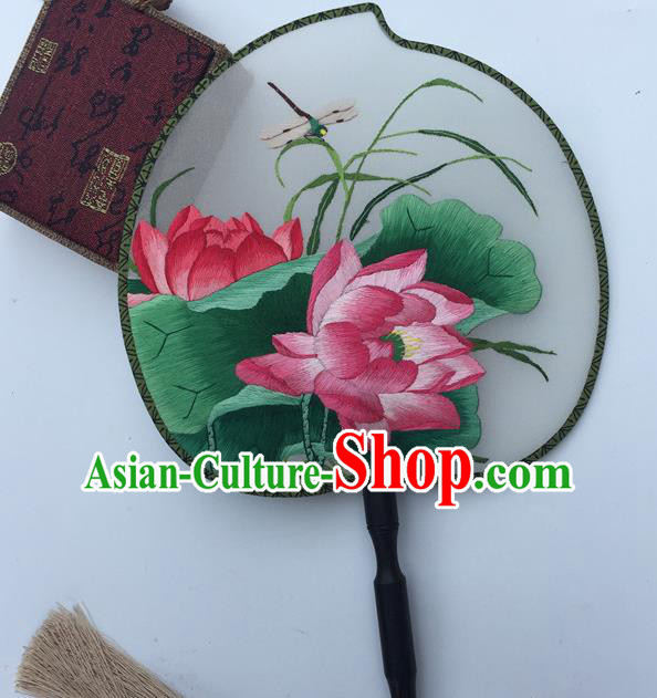 China Classical Dance Silk Fans Suzhou Embroidery Lotus Double Side Fan Handmade Peach Shape Fan Traditional Cheongsam Palace Fan