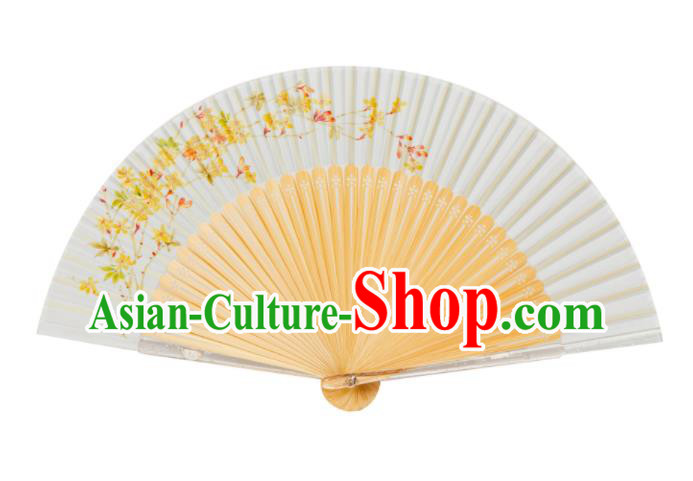 Handmade Chinese Female Accordion Craft Fans Printing Winter Jasmine Folding Fan Bamboo Fan