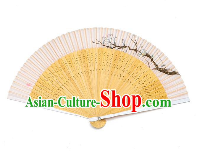 Handmade Chinese Female Silk Accordion Craft Fans Ink Painting Mangnolia Folding Fan Bamboo Fan