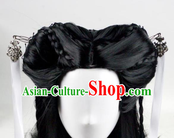 China Ancient Female Swordsman Black Wigs Traditional Drama The Condor Heros Hanfu Chignon Hairpieces Cosplay Fairy Xiao Long Nv Wig Sheath