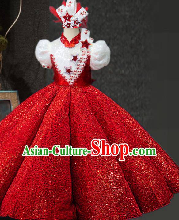 Top Girl Catwalks Red Sequins Dress Children Stage Show Clothing Girls Chorus Formal Evening Wear Costume