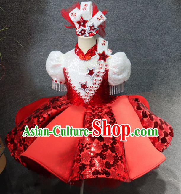 Top Girls Chorus Formal Evening Wear Costume Girl Catwalks Red Bubble Dress Children Stage Show Clothing