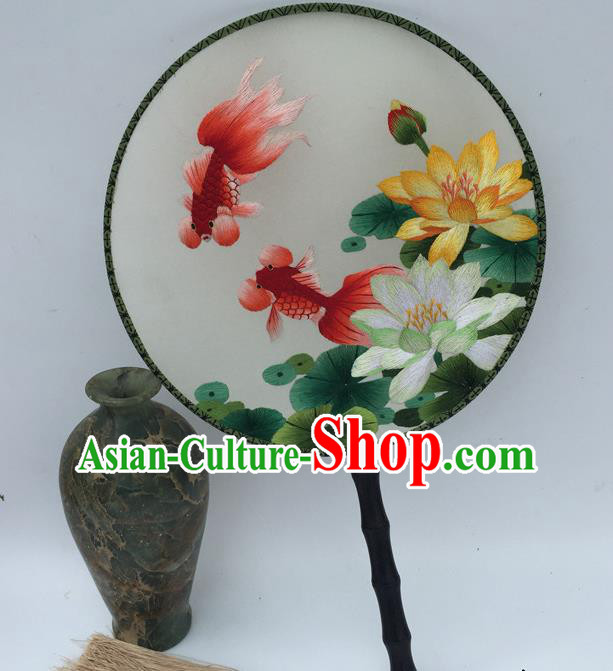 China Handmade Craft Fans Vintage Silk Fan Embroidery Lotus Goldfish Palace Fan Traditional Cheongsam Round Fan