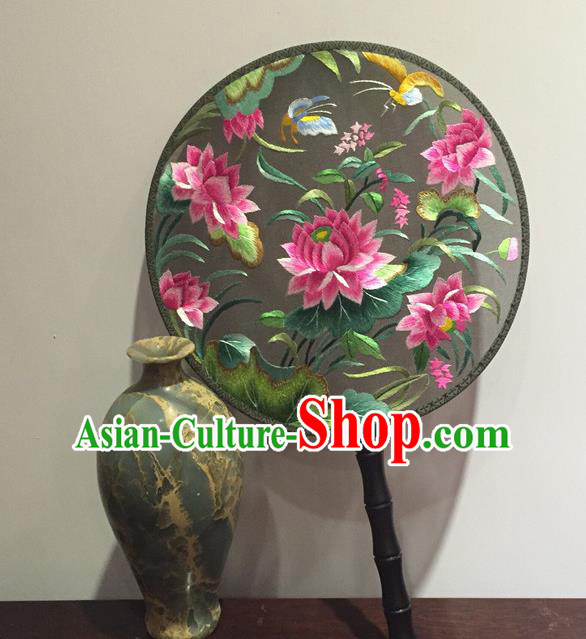 China Handmade Craft Silk Fans Vintage Circular Fan Embroidery Lotus Palace Fan Traditional Cheongsam Dance Fan