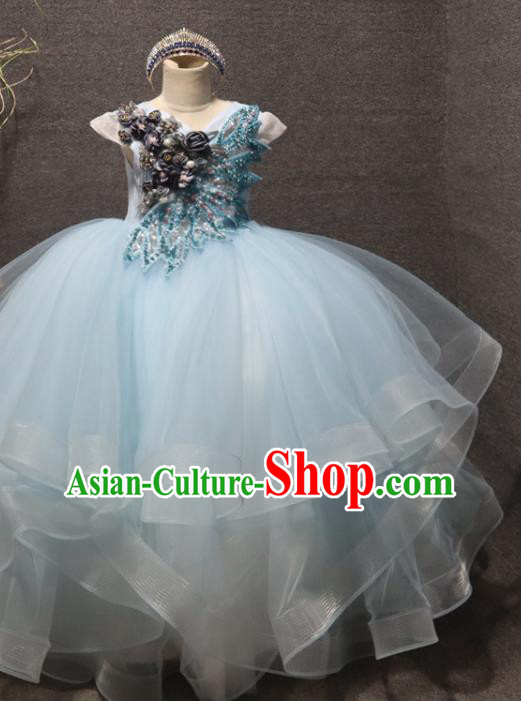 Top Girls Compere Formal Evening Wear Girl Catwalks Blue Veil Long Dress Children Stage Show Embroidered Sequins Clothing