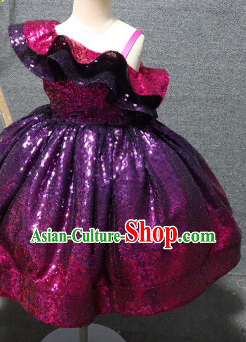 Top Girl Catwalks Purple Sequins Dress Christmas Party Formal Evening Wear Children Day Performance Clothing Chorus Garment