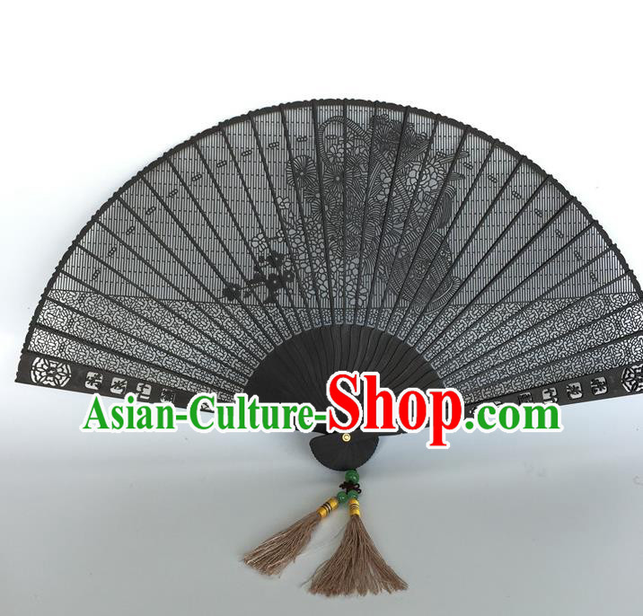Handmade Chinese Black Rosewood Fan Ebony Folding Fan Carving Craft Accordion