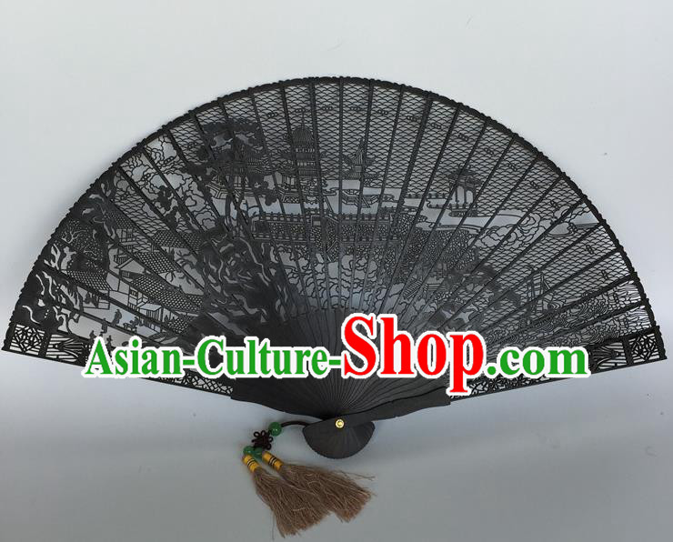 Handmade Chinese Carving Suzhou Gardens Craft Accordion Black Rosewood Fan Ebony Folding Fan